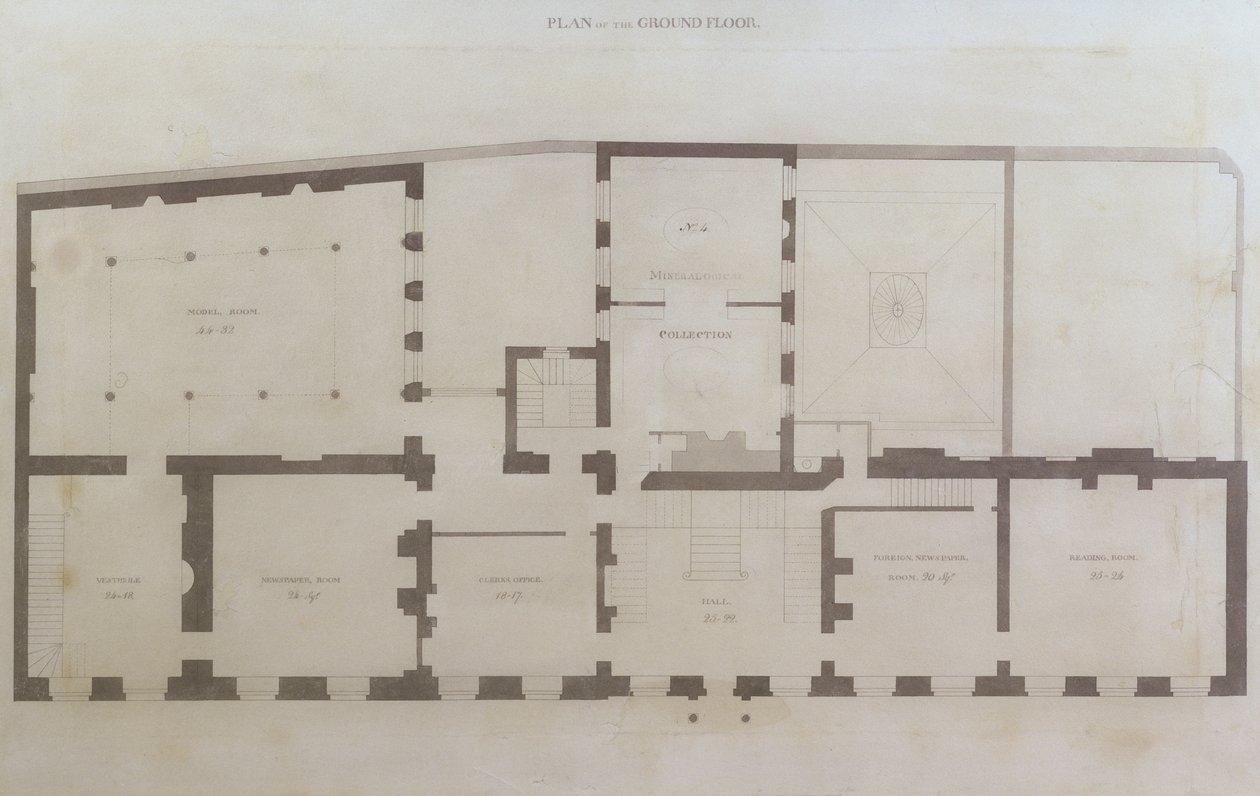 Tegninger af stueetagen på Albemarle Street 21 efter de indledende ændringer af huset efter dets erhvervelse af Royal Institution, ca. 1800 (blyant og wc på papir) af English School