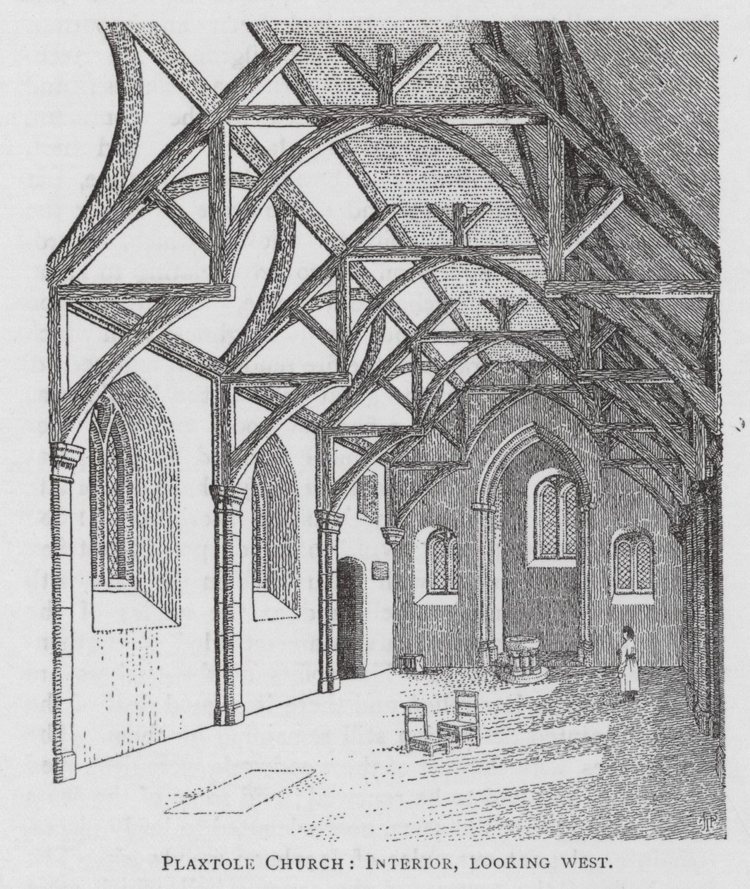 Plaxtole Kirke, interiør, set mod vest (litografi) af English School
