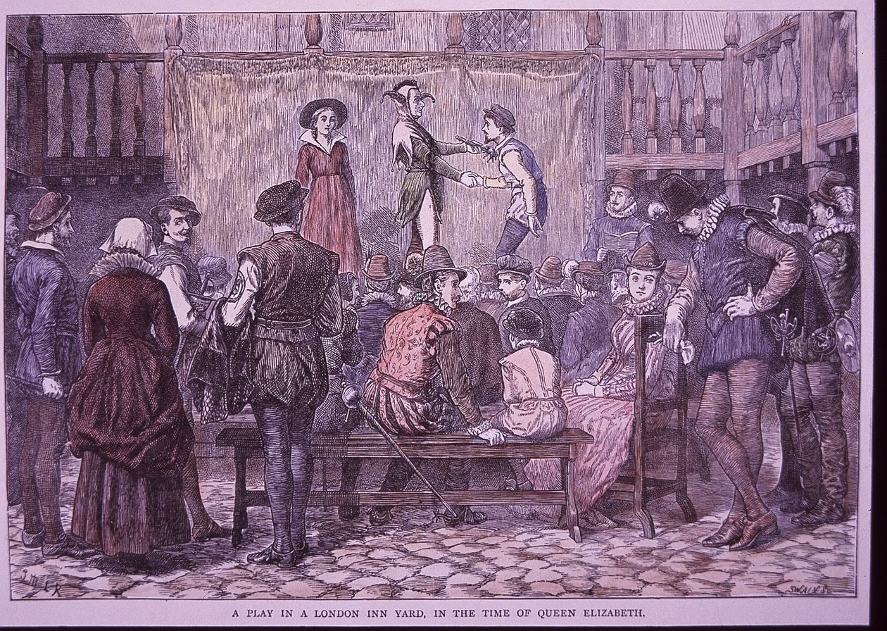 Skuespil opført i London Inn Yard (farvet gravering) af English School
