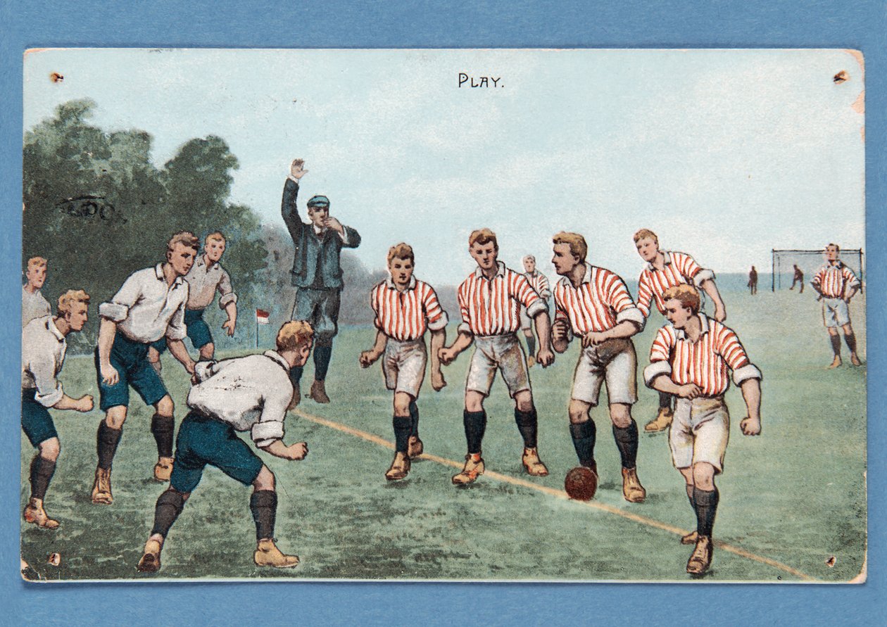 Leg, postkort, der forestiller en fodboldkamp; af English School