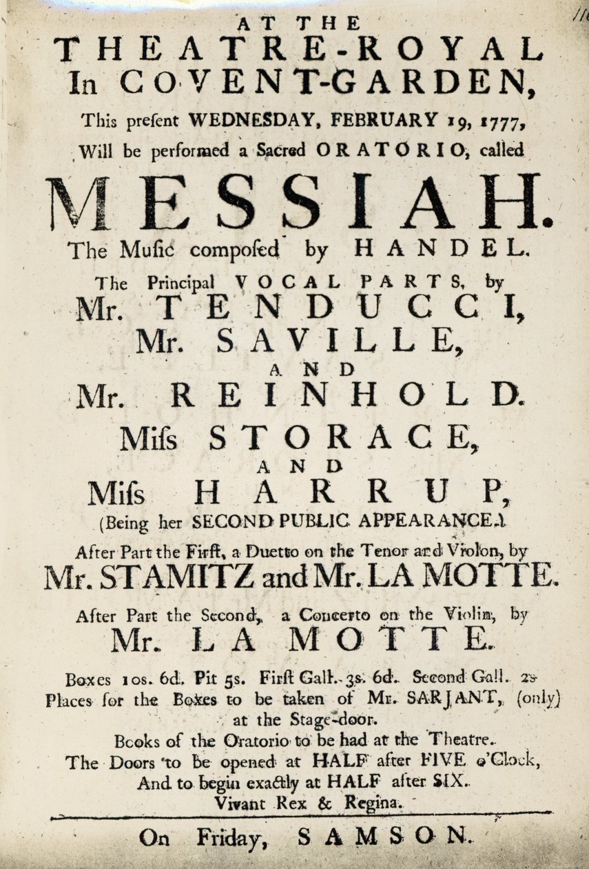 Playbill, der reklamerer for en opførelse af Händels oratorium, 