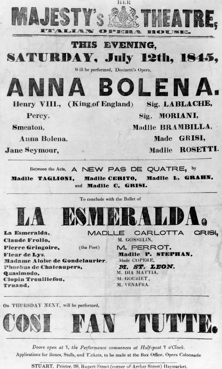 Spilleplan for Hendes Majestæts teater, Italiensk operahus, 1845 (trykt papir) af English School
