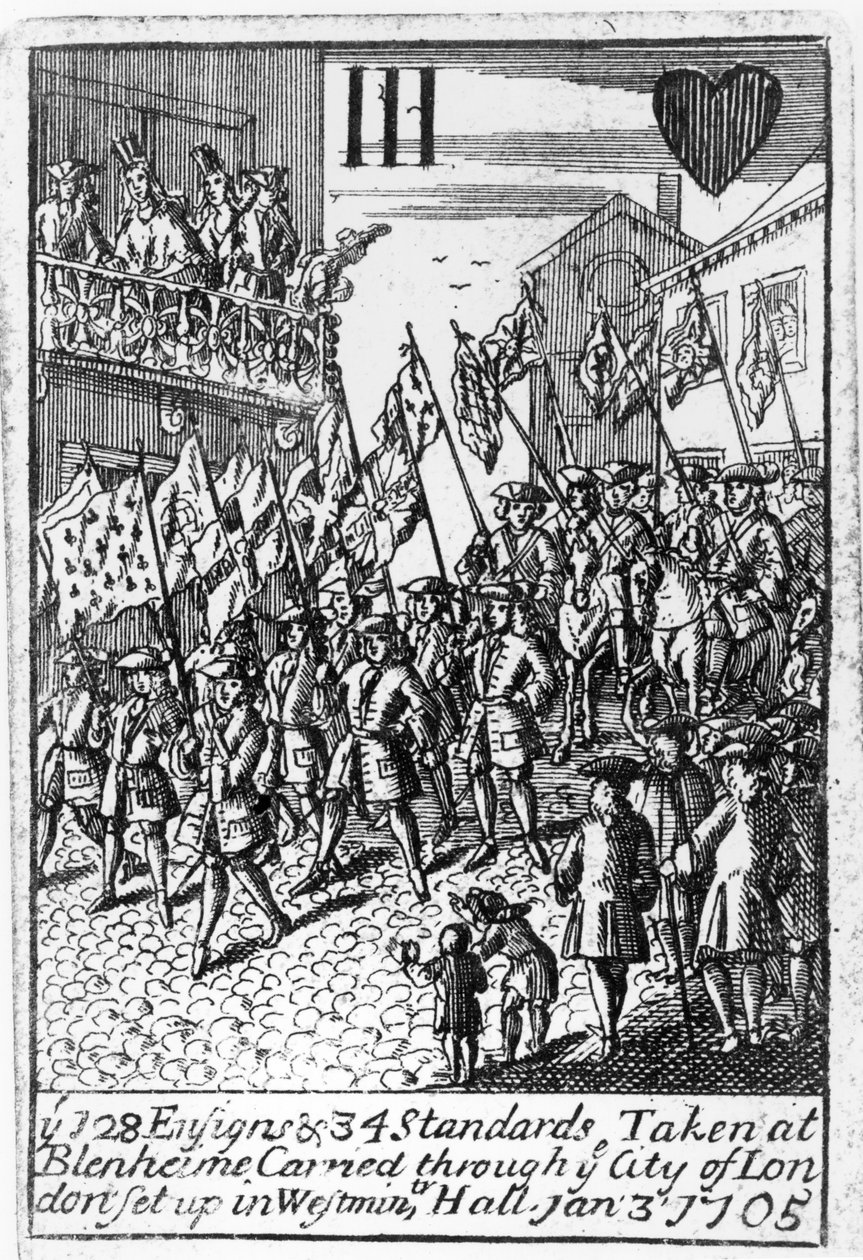 Spillekort, der forestiller fanerne og standarder taget i Blenheim, båret gennem City of London, 3. januar 1705 af English School