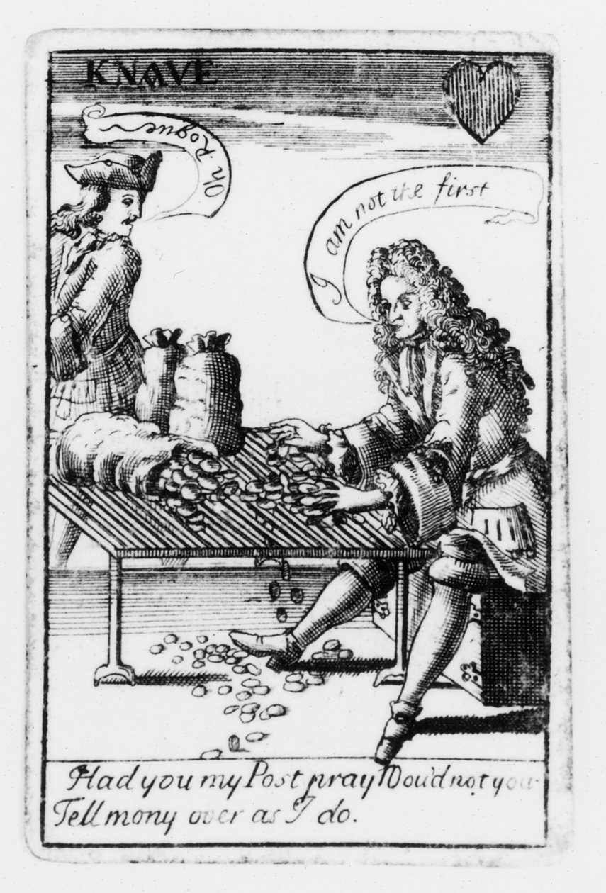 Spillekort til minde om den spanske arvefølgekrig, hjertefarve, ca. 1707 (gravering) (s/h foto) (detalje af 115651) af English School
