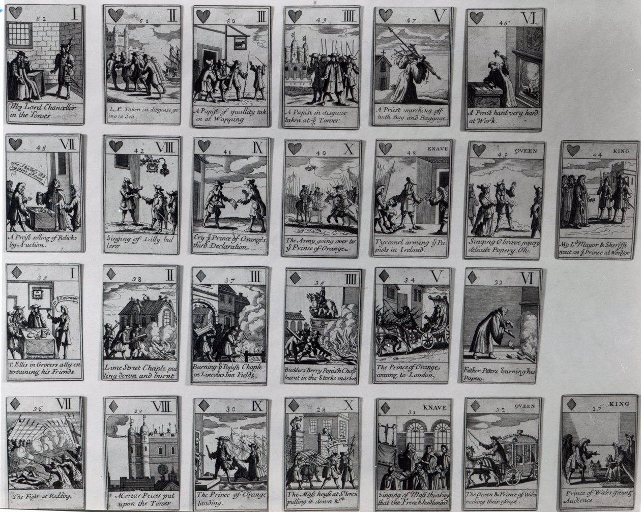 Spillekort, der skildrer episoder fra den glorværdige revolution 1688-89, ca. 1689 af English School