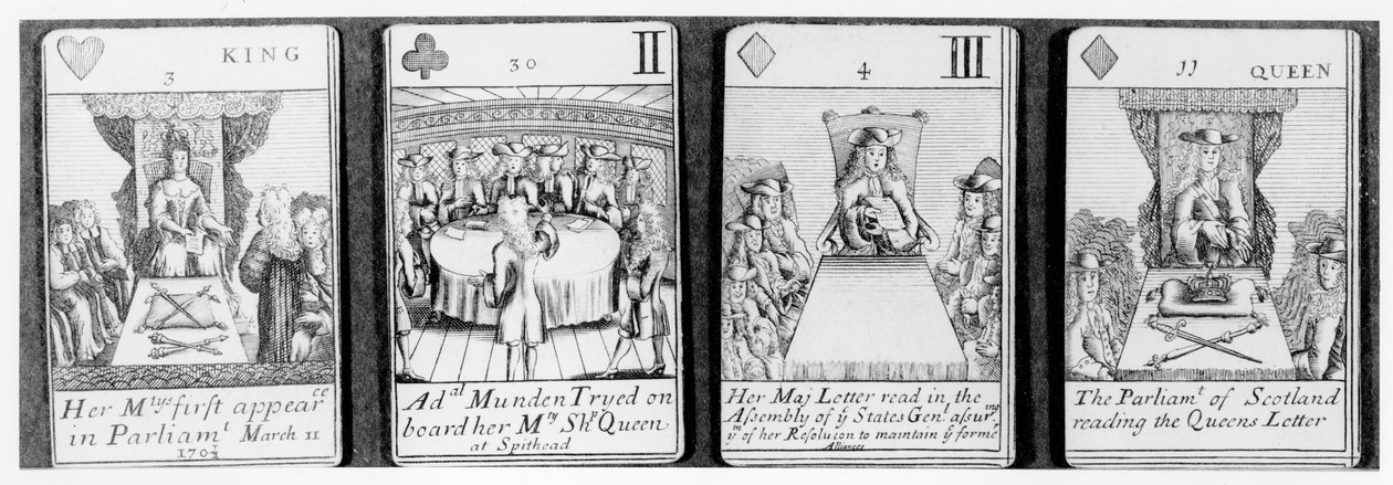 Spillekort, der skildrer begivenheder tidligt i Dronning Annes regeringstid, fra et sæt til minde om den spanske arvefølgekrig (1702-13) af English School
