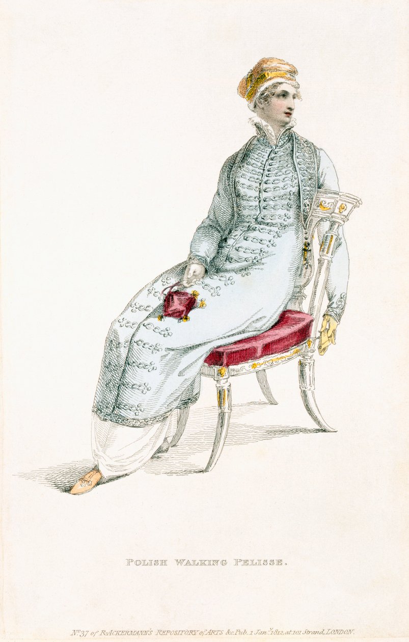 Polsk walking pelisse, modetallerken fra Ackermanns Repository of Arts af English School