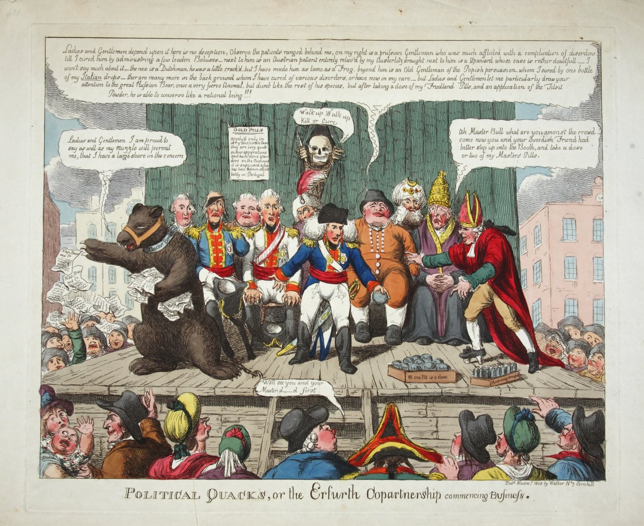Political Quacks, eller Erfurth Copartnership starter Business, pub. 1808 (håndfarvet gravering) af English School
