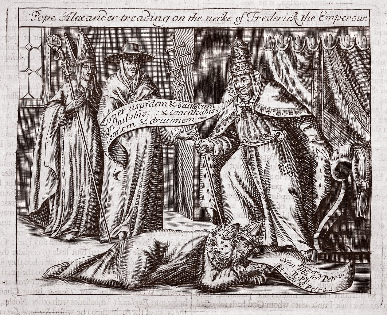 Pave Alexander træder på halsen af kejser Frederik, illustration fra Acts and Monuments af John Foxe, niende udgave, pub. 1684 af English School