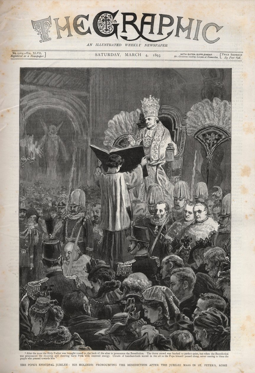 Pave Leo XIII (Leon XIII) Pavens episkopale jubilæum, Hans Hellighed udtaler velsignelsen efter jubilæumsmessen i Peterskirken, Rom - Illustration til The Graphic, 4. marts 1893. af English School