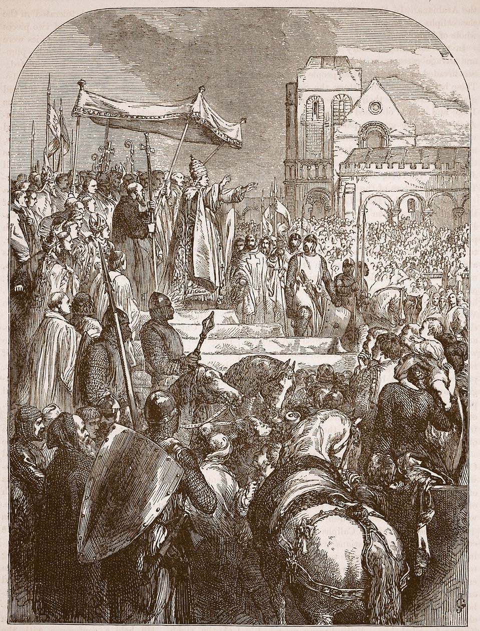 Pave Urban II prædiker det første korstog på markedspladsen i Clermont, 1096, illustration fra Cassells Illustrated History of England (sepiafoto) af English School