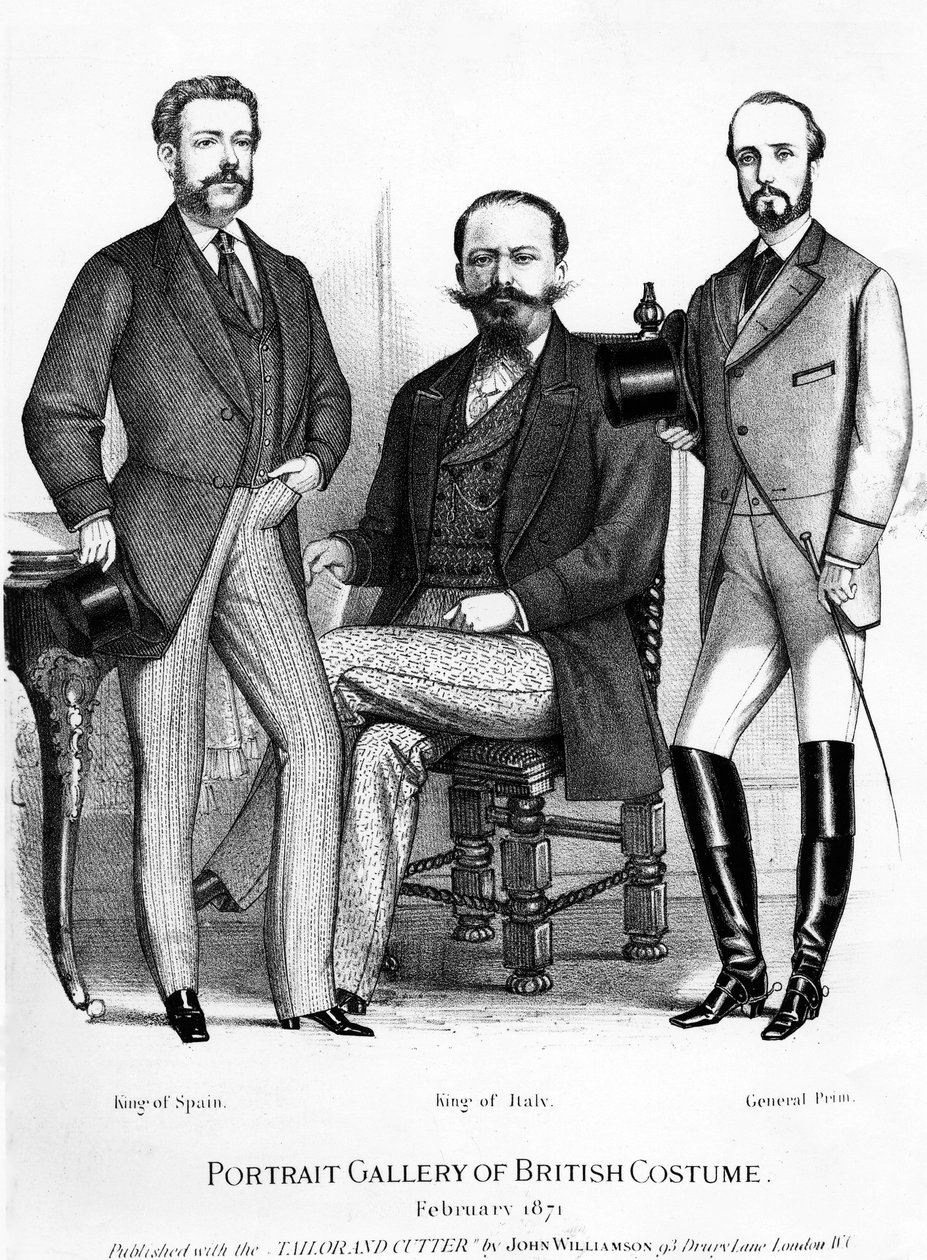 Portrait Gallery of British Costume, der præsenterer kongerne af Spanien og Italien og General Prim, udgivet med Tailor and Cutter, 1871 af English School