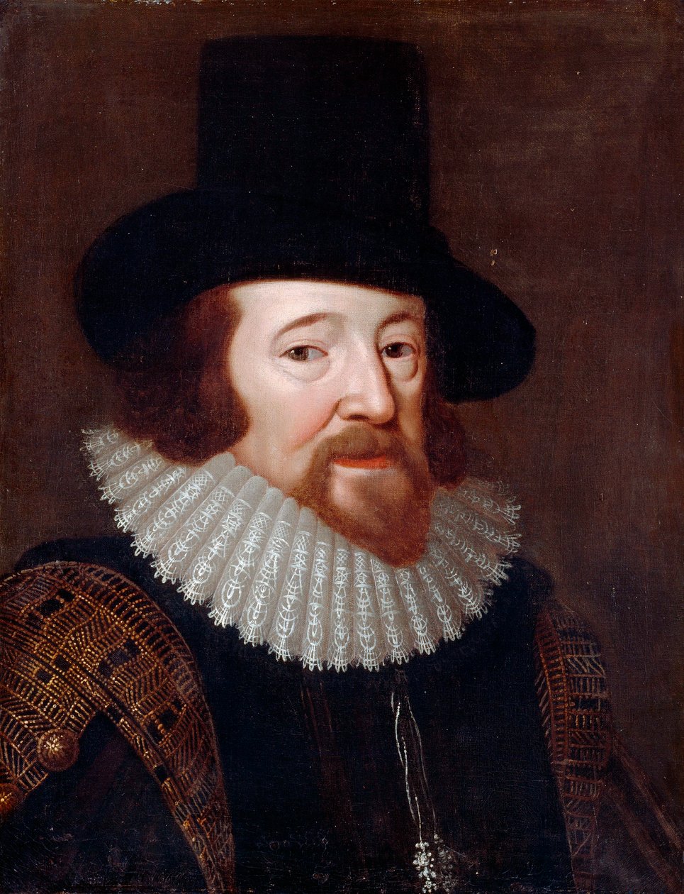 ""Portræt af Francis Bacon (1561-1626), engelsk statsmand og filosof"" Anonymt maleri omkring 1622 - Olie på lærred Dim 61x47 cm af English School