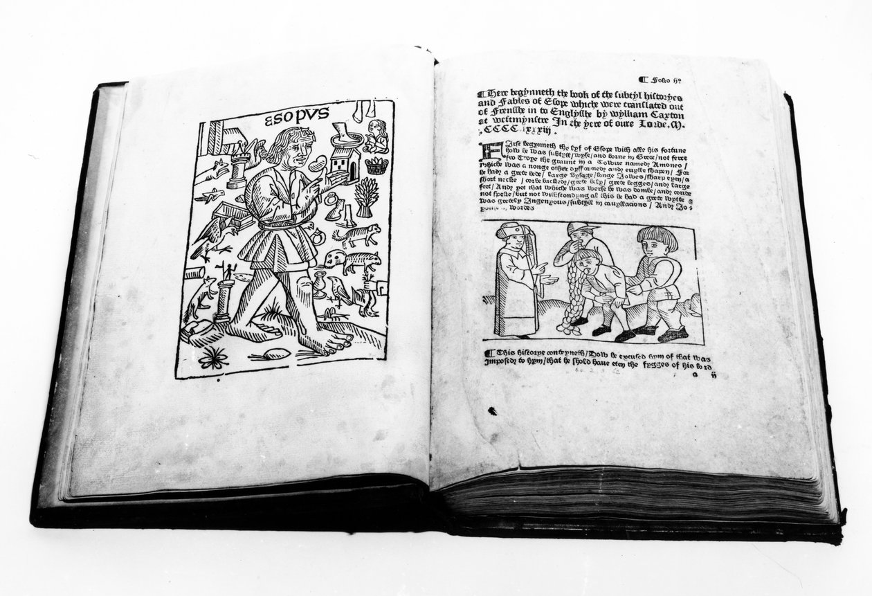 Portræt af Aesop, fra en illustreret oversættelse af Aesops Fables af William Caxton (ca. 1422-91) 1434 af English School