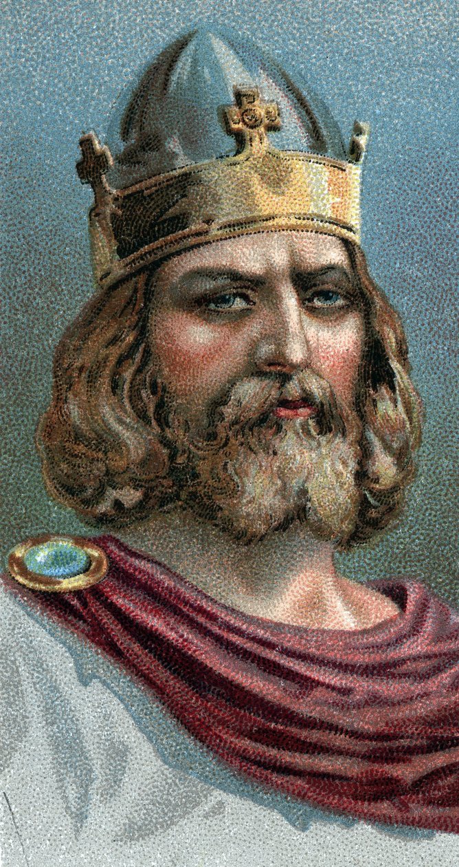 Portræt af Alfred den Store (Alfred den Store, 849-899), King of Wessex, 800-tallet e.Kr. - Fra serien "" Leaders of Men""" - Chromolithography - English School, 20. århundrede - af English School