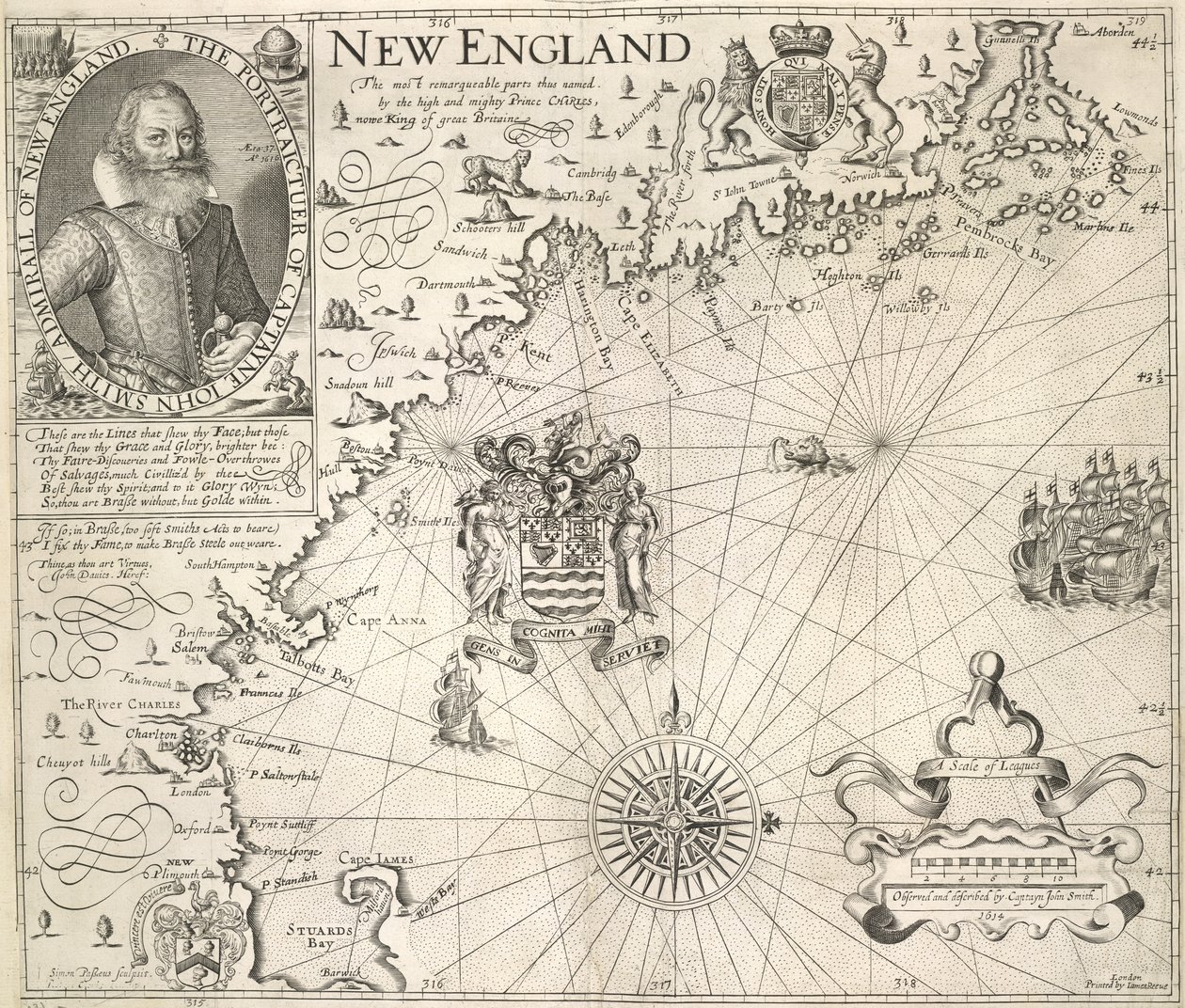 Portræt af kaptajn John Smith. Et billede af New Englands kyst, i 