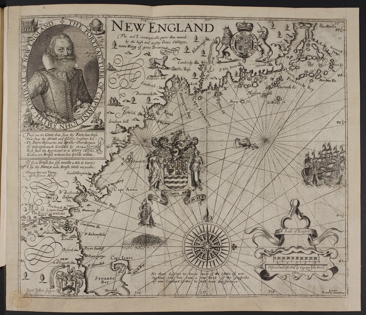 Portræt af kaptajn John Smith. Et billede af New Englands kyst, i 