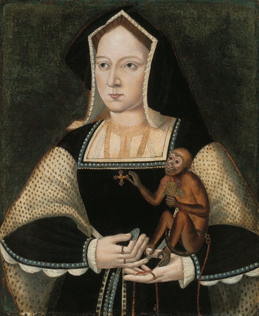 Portræt af Katarina af Aragonien (1485-1536), dronning af England, i halvfigur, i sort-hvid kjole med korsvedhæng og med en silkeabe og en mønt i hånden (olie på panel) af English School