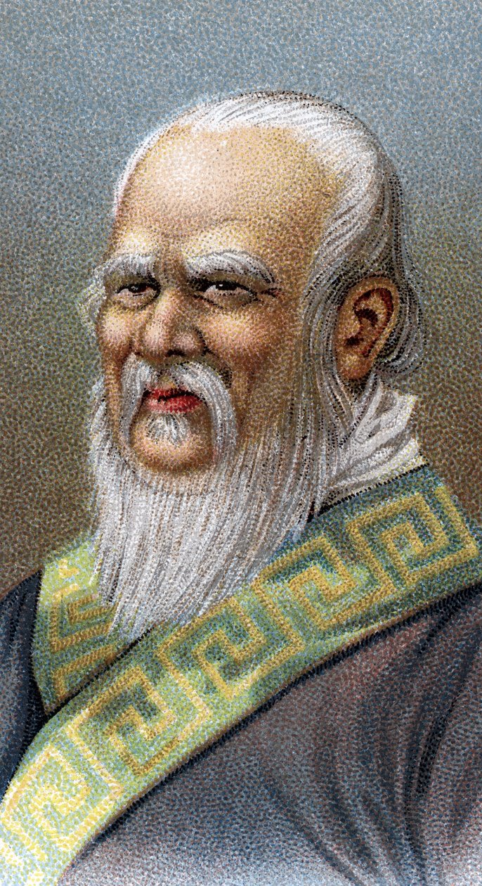 Portræt af Confucius (551-479) f.Kr. - Confucius (eller Kong Fu Zi eller KongZi) (551-479 f.Kr.) - Fra serien "" Leaders of Men""" - Chromolithography - English School, 20. århundrede - af English School