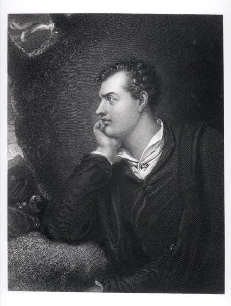 Portræt af George Gordon, 6. Lord Byron af Rochdale (1788-1824) (gravering) (s/h foto) af English School