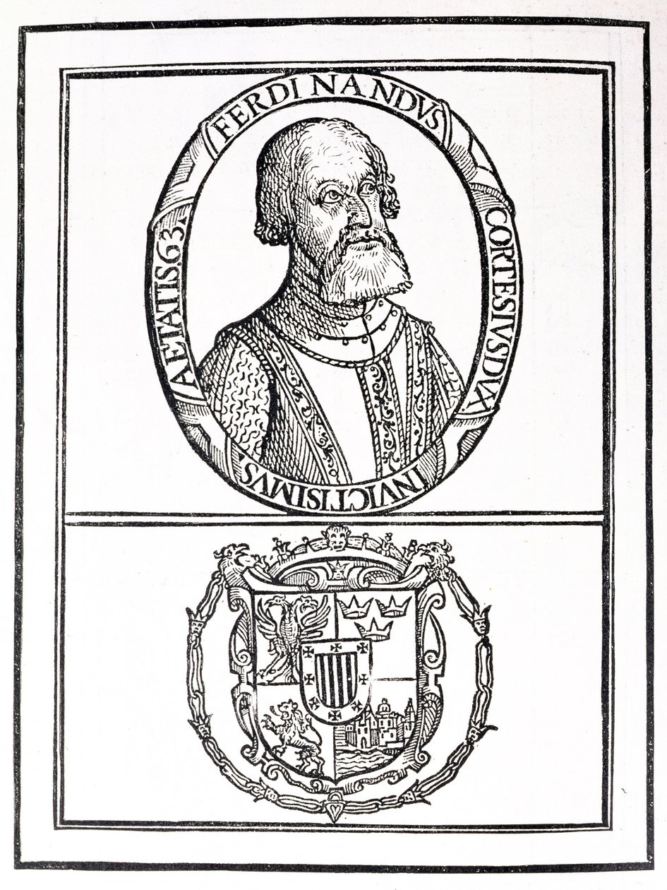 Portræt af Hernan Cortes (1485-1547) og hans arme, fra 
