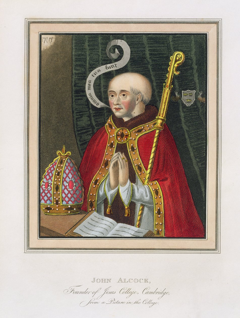 Portræt af John Alcock (ca. 1430-1500), grundlægger af Jesus College, Cambridge, fra The History of Cambridge, pub. af R. Ackermann, 1815 (farveakvatint) af English School