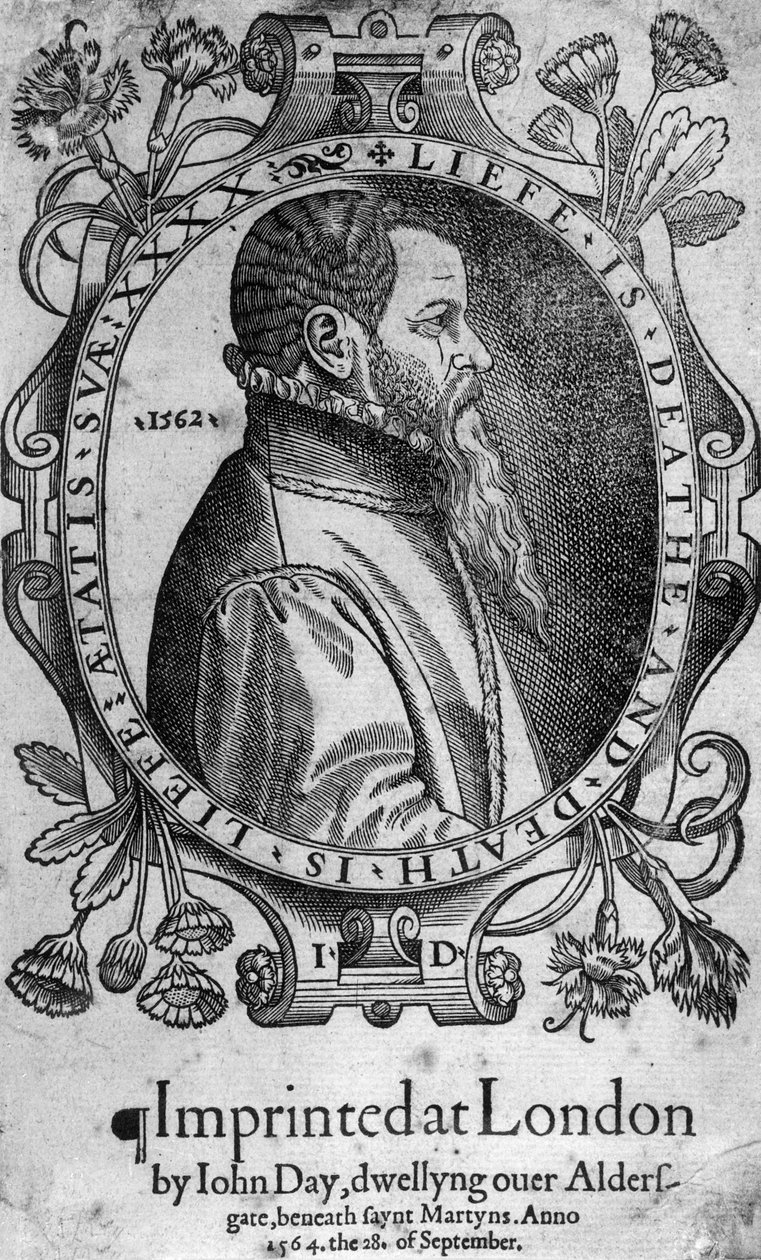 Portræt af John Day, frontispice til Foxes Book of Martyrs, 1564 af English School
