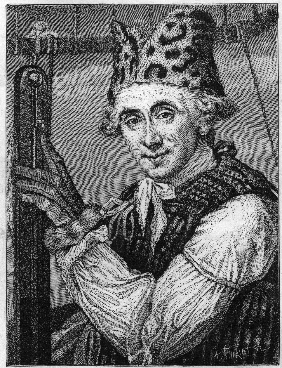 Portræt af John Jeffries (1745-1819), amerikansk fysiker. Han var repræsenteret i den aeronautiske dragt, han bar i 1785, da han krydsede kanalen i en luftballon. (Fra et engelsk stik, udgivet i 1786). (Tissandier Samling). Indgravering i "" af English School