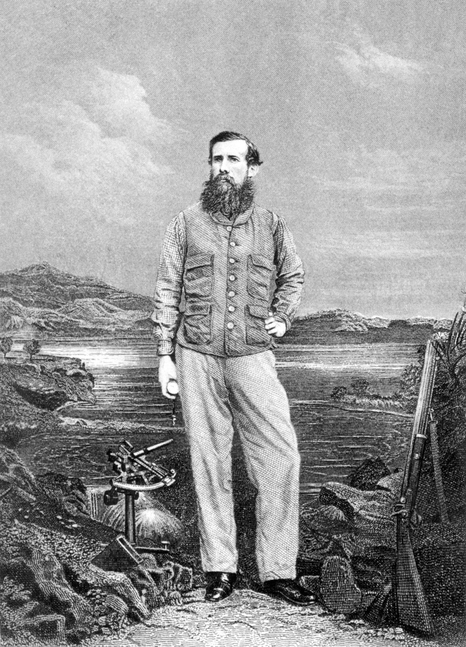 Portræt af John Speke (1827-64) foran Lake Victoria, frontispice til Journal of the Discovery of the Source of the Nile udgivet 1863 af English School