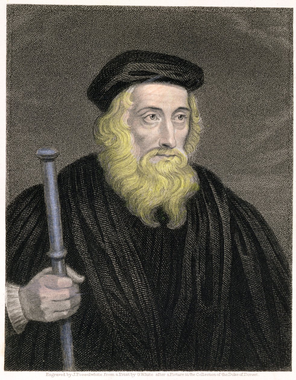 Portræt af John Wycliffe (ca. 1330-84) indgraveret af James Posselwhite (1798-1884) efter et tryk af G. White, pub. af William Mackenzie af English School