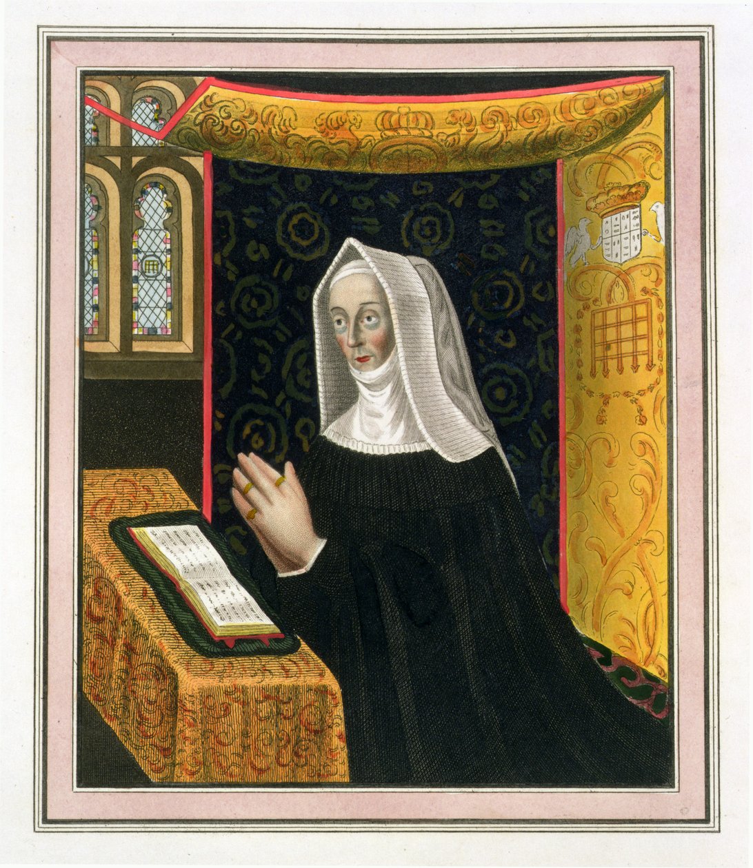 Portræt af Margaret Beaufort, grevinde af Richmond og Derby (1443-1509), grundlægger af St. Johns College, Cambridge, fra The History of Cambridge, pub. af R. Ackermann, 1815 (farveakvatint) af English School