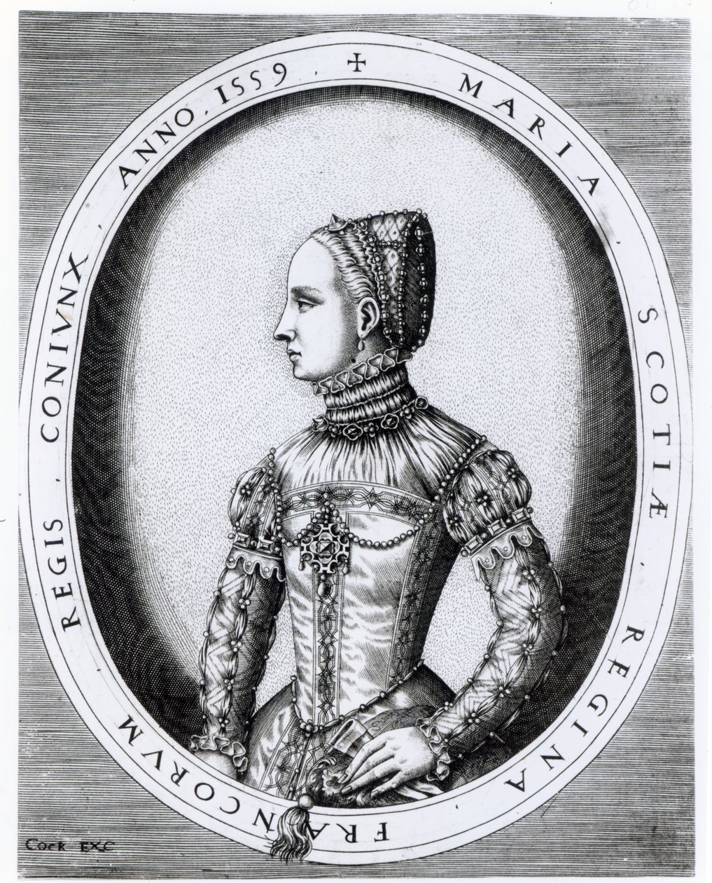 Portræt af Mary Queen of Scots (1542-87) indgraveret af Hieronymus Cock (ca. 1510-70) 1559 af English School