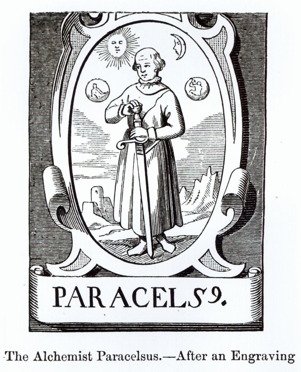 Portræt af Paracelsus (Philippus Aureolus Theophrastus) (1493-1541), illustration fra Videnskab og litteratur i middelalderen og renæssancen, skrevet og indgraveret af Paul Lacroix, 1878 (woodc af English School