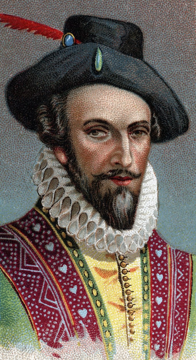 Portræt af Raleigh, Sir Walter (1554-1618). Engelsk sømand, opdagelsesrejsende og mægler - Fra serien "" Leaders of Men"" - Chromolithography - English School, 20. århundrede - af English School