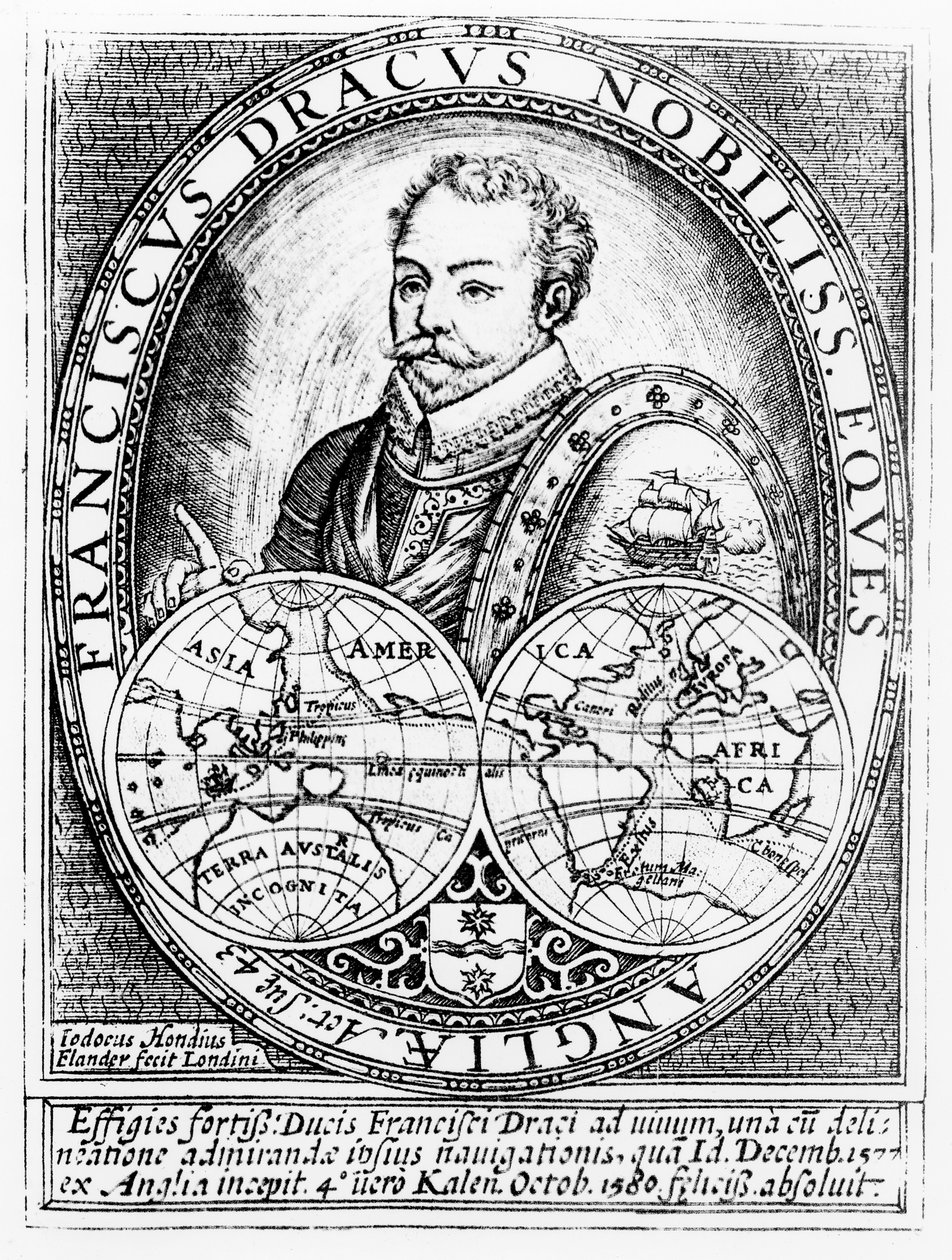 Portræt af Sir Francis Drake (ca. 1540-96) i en alder af 43, indgraveret af Jodocus Hondius (1567-1611) af English School