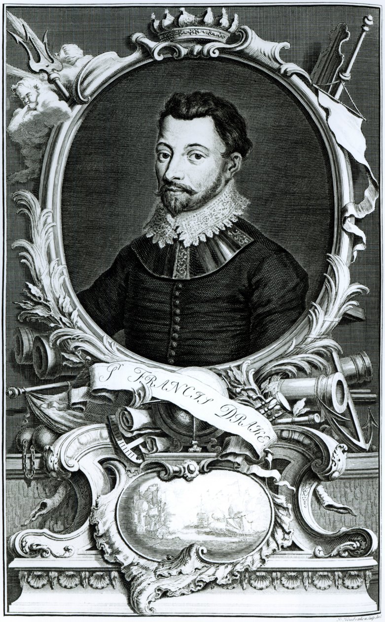 Portræt af Sir Francis Drake (ca. 1540-96) indgraveret af Jacobus Houbraken (1698-1780) (gravering) (bw foto) af English School