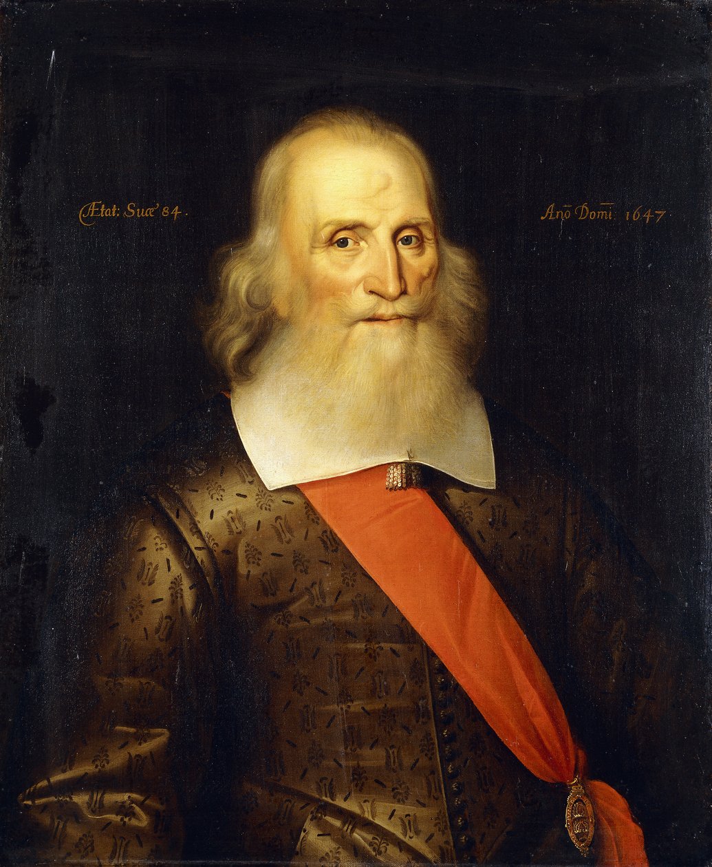 Portræt af Sir Oliver Cromwell, 84 år, halvlængde, i en broderet dublet med hvid krave og rødt skær, 1647 af English School