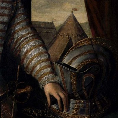 Portræt af Sir Robert Dudley, jarl af Leicester (ca. 1532-88) 1500-tallet (olie på lærred) (detaljer) af English School