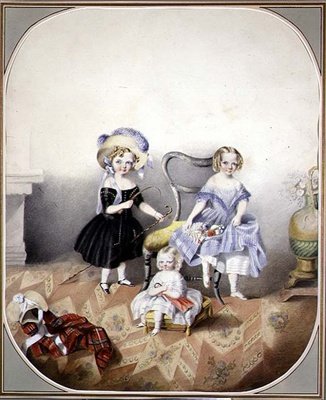 Portræt af tre blåøjede piger i fancy kjole, ca. 1840 (akvarel på papir) af English School