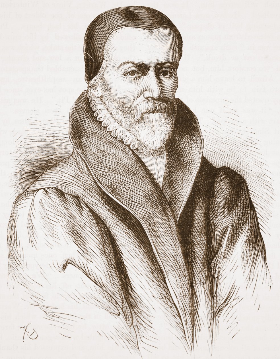 Portræt af William Tyndale (fra en gammel gravering i Bibliotheque Nationale), illustration fra The History of Protestantism af James Aitken Wylie (1808-1890), pub. 1878 af English School