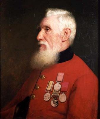 Portræt af en Chelsea-pensionist iført sine tjenestemedaljer (olie på lærred) af English School