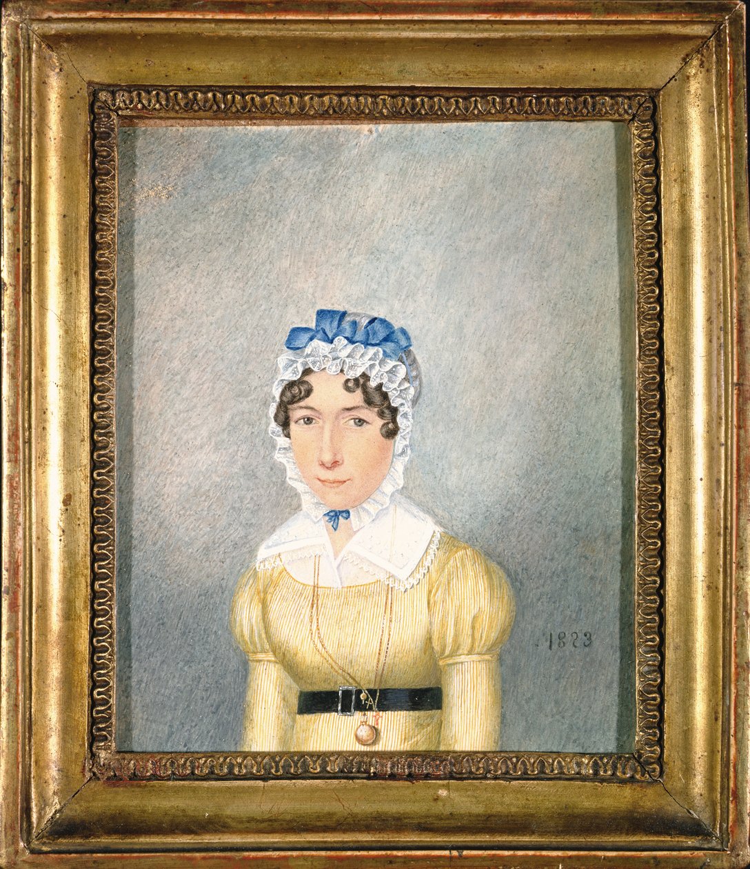 Portræt af en dame med en gylden medaljon, 1823 (gouache og wc på papir) af English School