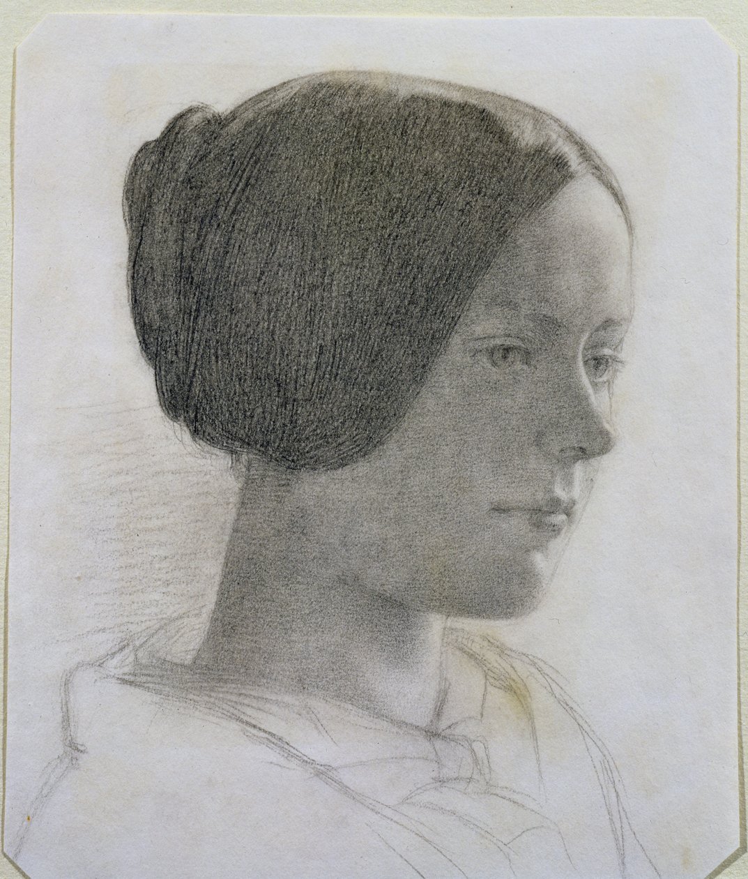 Portræt af en ung kvinde med sit hår i en knold, ca. 1840 (farvet kridt på papir) af English School