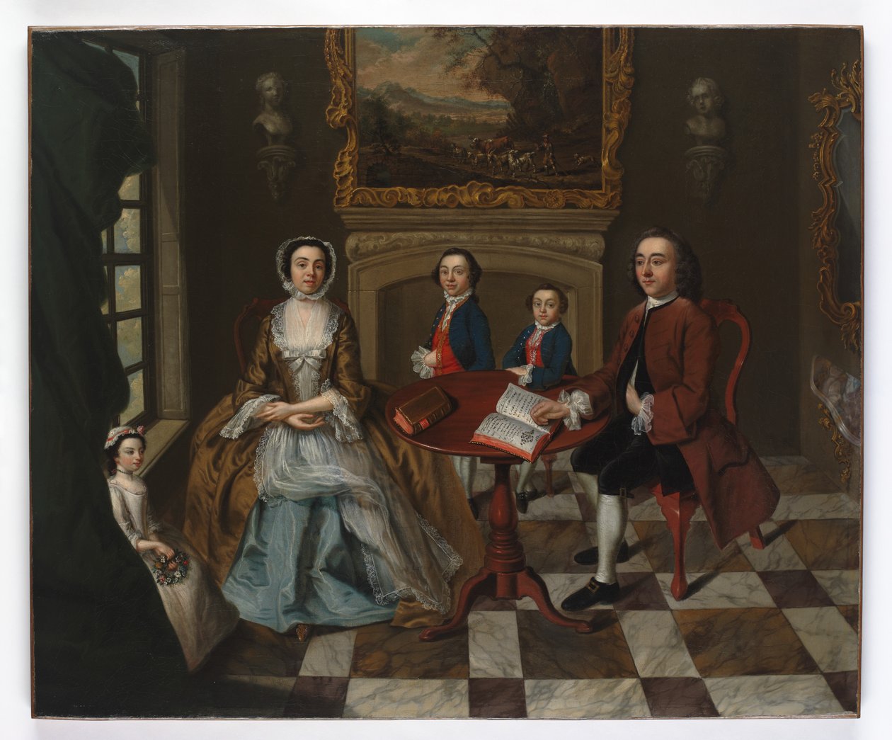 Portræt af en familie i et interiør, menes at være familien Roubel, 1750
