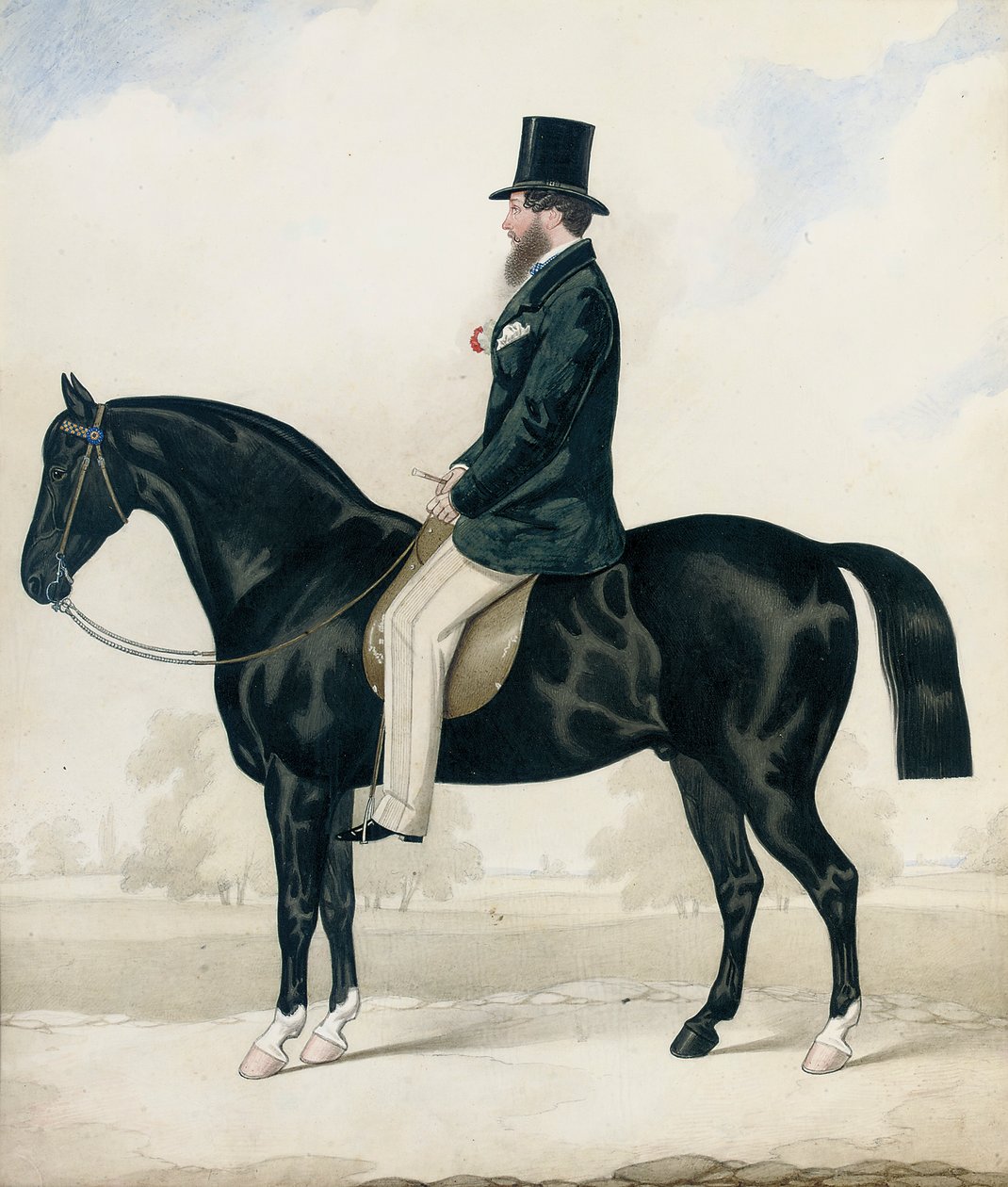 Portrait of a gentleman in a top hat, seated on a black hunterdani af English School