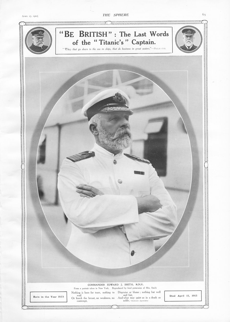 Portræt af og hyldest til kommandør Edward J. Smith, kaptajn på White Star Liner RMS Titanic, fra The Sphere, 27. april 1912 af English School