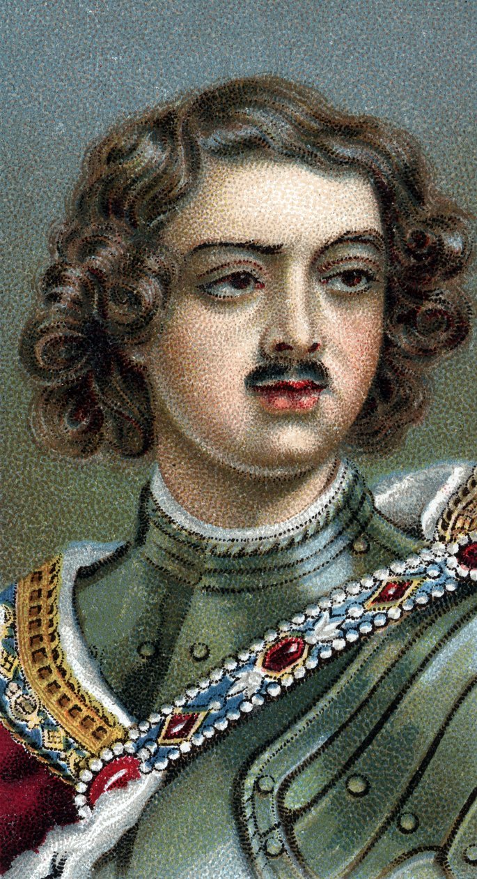 Portræt af den engelske kejser Peter den Store, Peter I eller Pjotr Aleksijevitj Romanov - Peter I den Store - Fra serien "" Leaders of Men"" - Chromolithography - Engelsk Skole, 20. århundrede - af English School