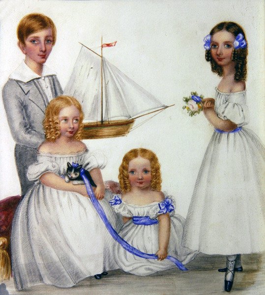 Portræt af fire børn, der holder en sejlbåd og killing, ca. 1830 (akvarel på papir) af English School
