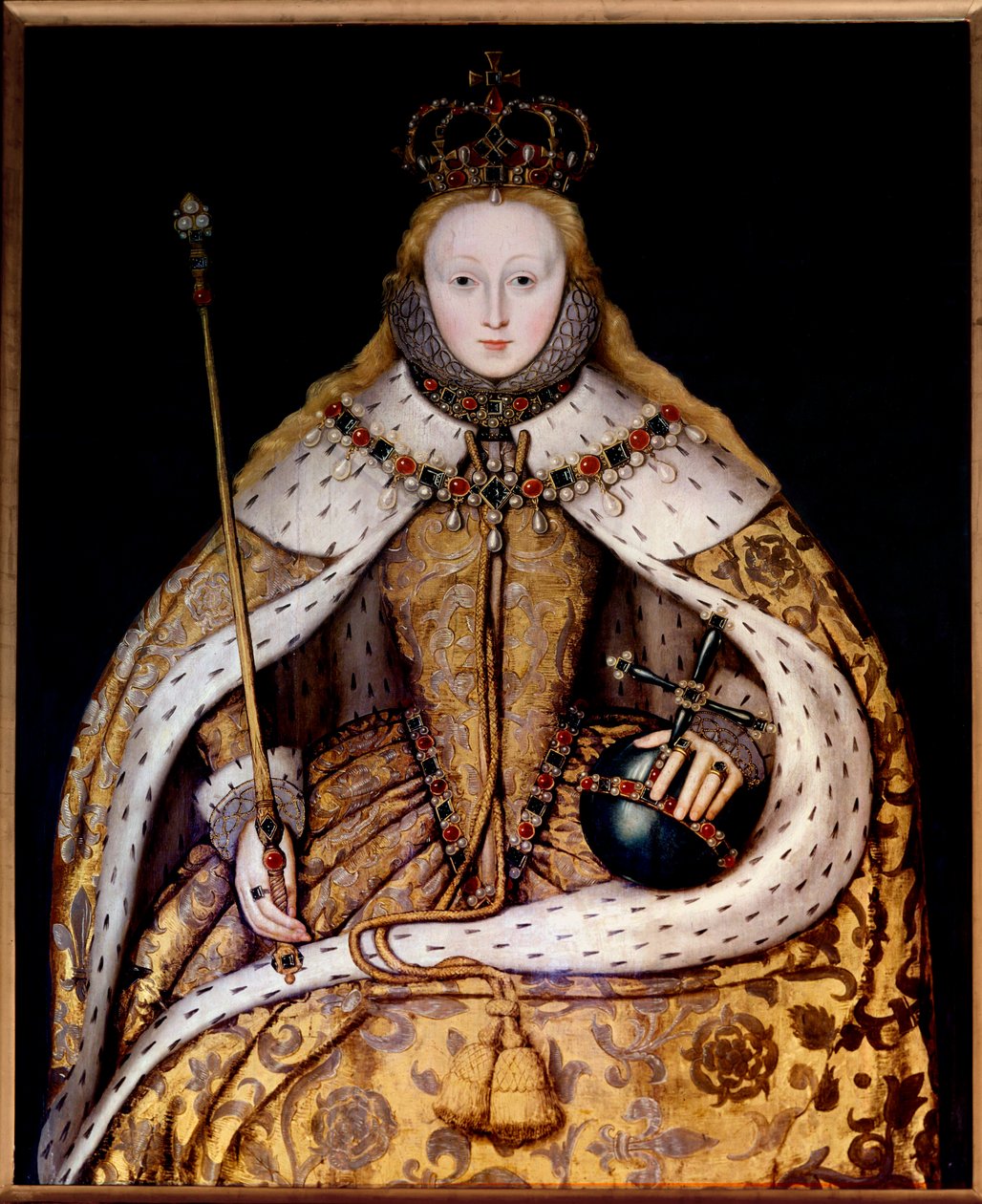 Portræt af dronning Elizabeth II i kroningsdragt, ca. 1600 (olie på panel) (olie på lærred) af English School