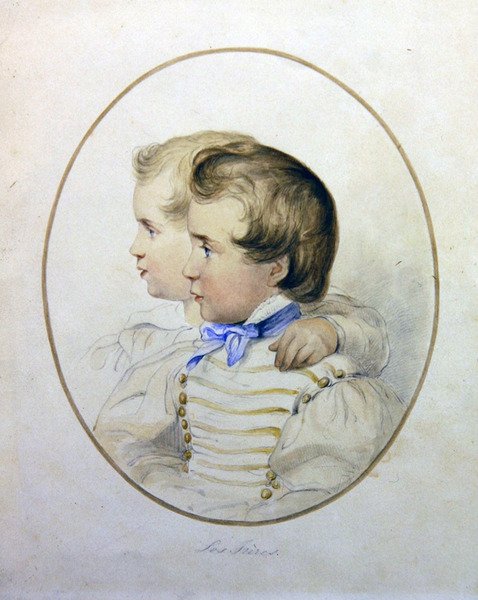 Portræt af to brødre i militærdragt, ca. 1840 (akvarel på papir) af English School